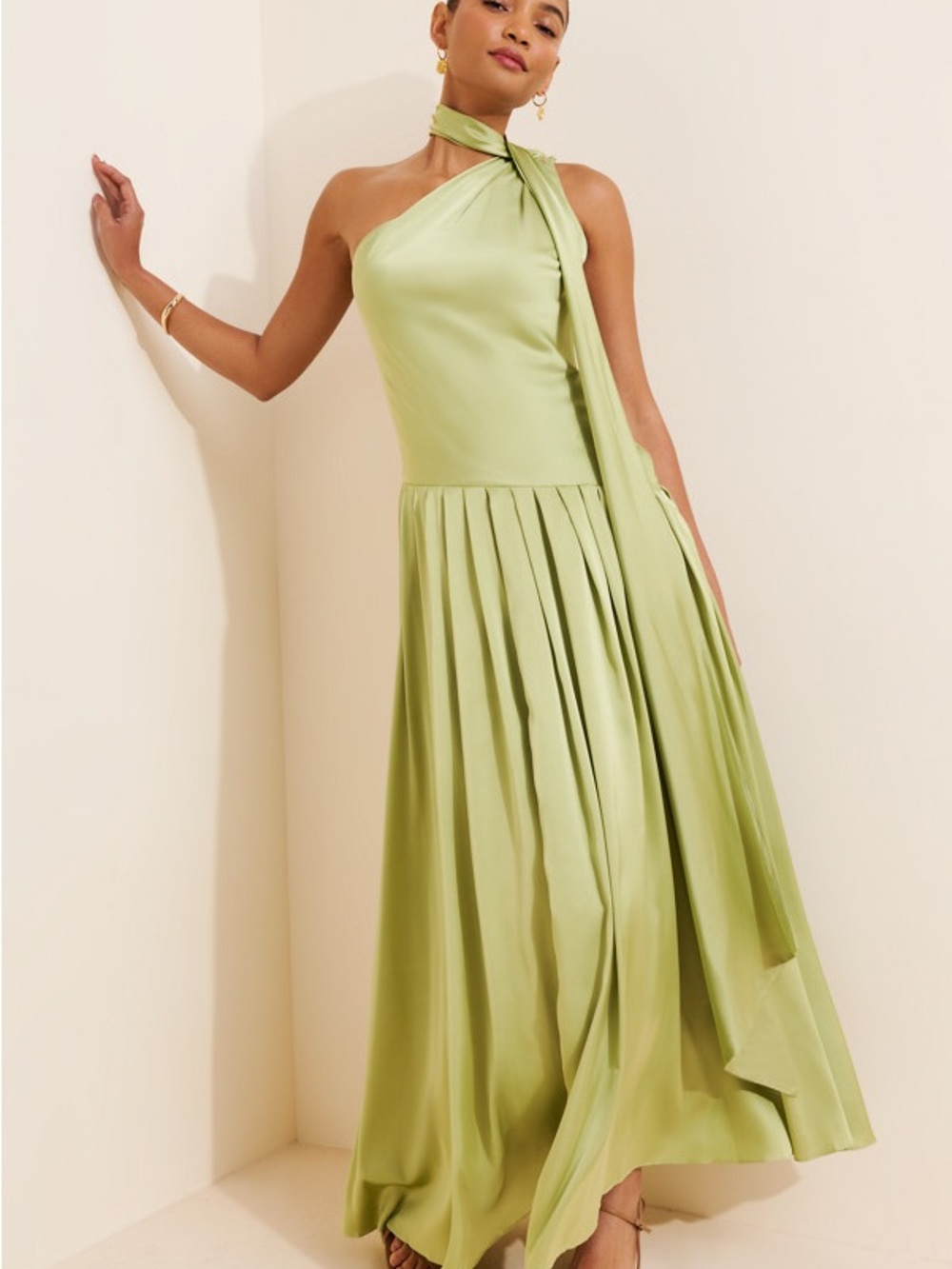 BHLDN One-Shoulder Scarf-Neck Asymmetric Maxi Dress Green Medium